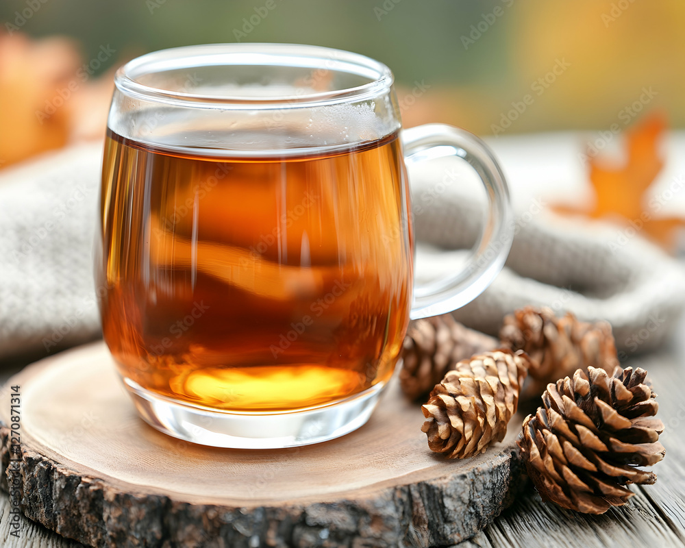 Herbal tea in glass mug on wooden table. Autumn leaves in background for blogs Herbal tea in glass mug on wooden table. Autumn leaves in background for blogs
