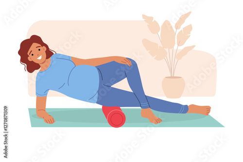 Pregnant woman does yoga or pilates to improve health, lying on fitness mat. Happy pregnant girl is preparing to become mother, uses roller for pilates and avoids appearance of swelling on thighs