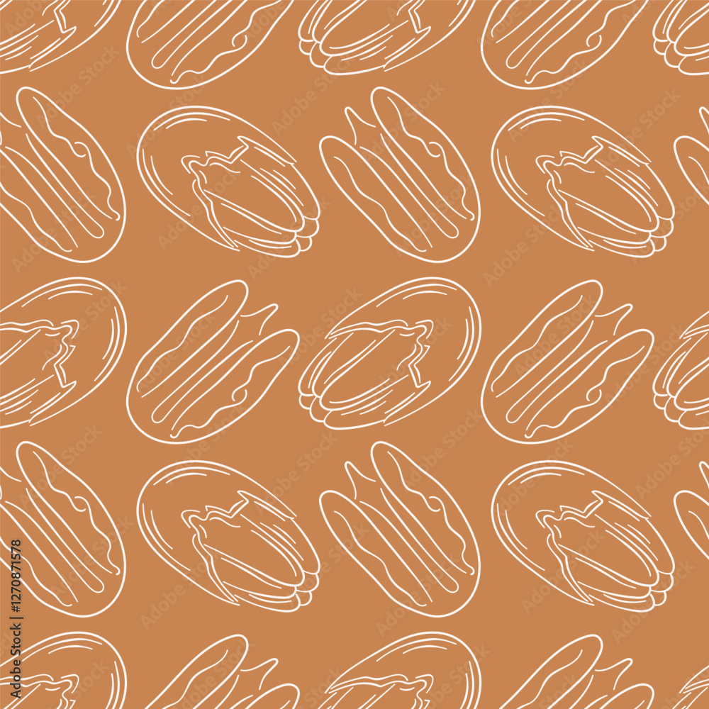 Pecan seamless pattern in line art style. Hand drawn vintage print on brown background for food store, menu, textile. Pecan seamless pattern in line art style. Hand drawn vintage print on brown background for food store, menu, textile.
