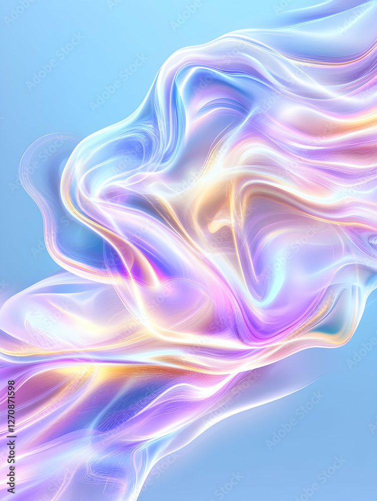 Obraz premium Holographic iridescent flowing cloth against blue backdrop for fashion design use