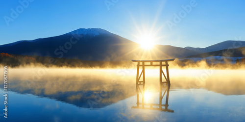 Torii Gate Reflected on Misty Lake at Sunrise