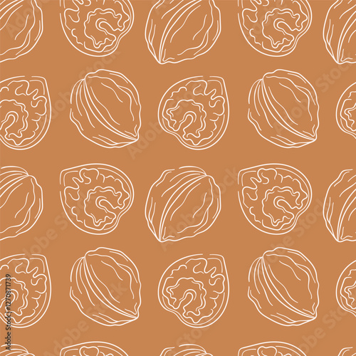 Walnut line art style seamless pattern on brown background. Hand drawn nut illustration for wrapping, fabric, textile, card, menu, food store.