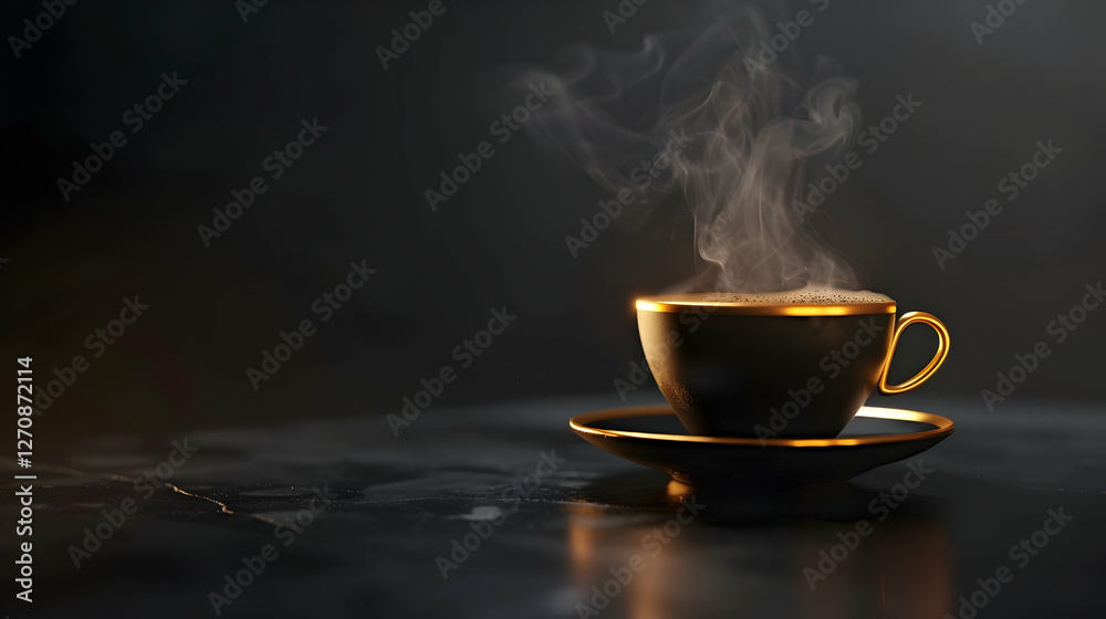 Elegant black coffee cup with steam on a dark marble surface, creating a cozy atmosphere Elegant black coffee cup with steam on a dark marble surface, creating a cozy atmosphere