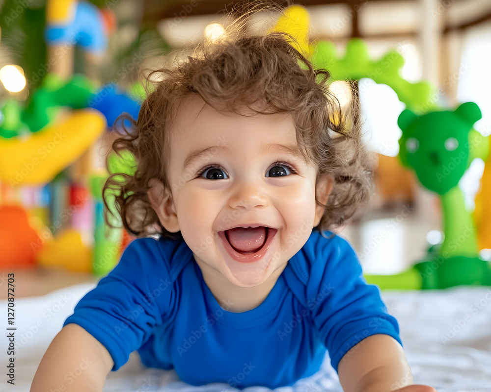 Joyful baby laughing while playing on the floor. Toys and plants in background Joyful baby laughing while playing on the floor. Toys and plants in background