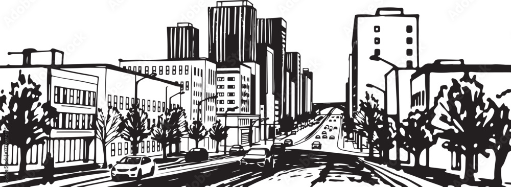 Fototapeta premium City landscape. Different buildings on street, outline cityscape hand sketch, flat houses. Hand drawn vector illustration