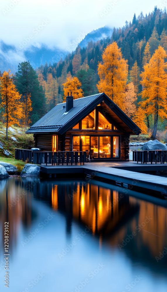 Fototapeta premium Lakeside Cabin in Autumn Cozy home by water reflects lights in nature scene