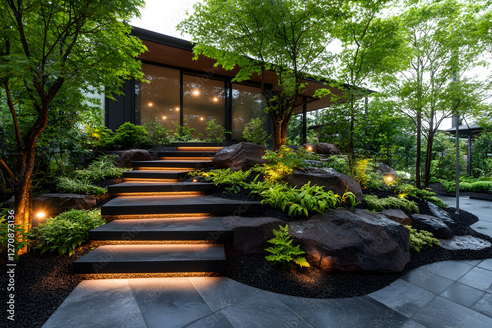 Landscape steps with garden and building behind, for outdoor design inspiration Landscape steps with garden and building behind, for outdoor design inspiration