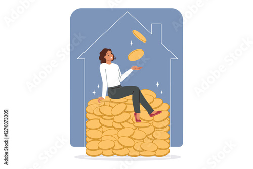 Woman uses REIT investment to accumulate capital, sits on pile of money in house silhouette. REIT investments to make money on residential rentals or mortgages, and avoid risk of bankruptcy