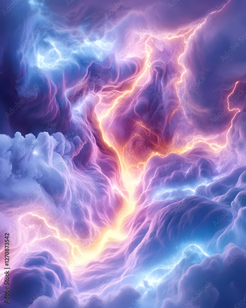 Lightning strikes dramatically in cloudy sky; background is a mix of colors Lightning strikes dramatically in cloudy sky; background is a mix of colors