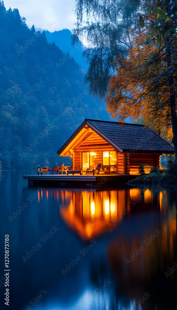 Fototapeta premium Lit cabin on lake at dusk, mountains in background. Vacation rental, ad use