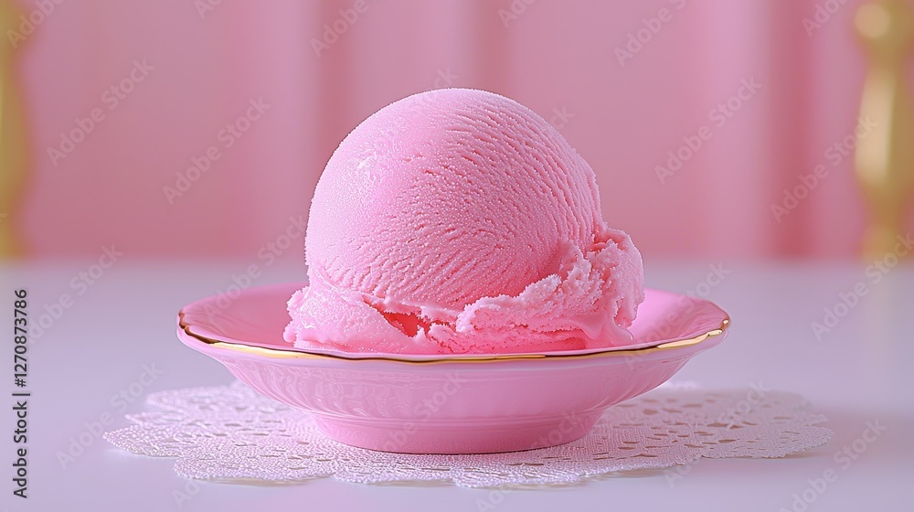 Delicious Pink Ice Cream Scoop on Elegant Plate Against Soft Pastel Background in Gourmet Setting Delicious Pink Ice Cream Scoop on Elegant Plate Against Soft Pastel Background in Gourmet Setting