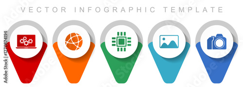 Computer and technology pointer collection, miscellaneous icons such as laptop, network, chip, image and photo camera, flat design vector infographic template in eps 10