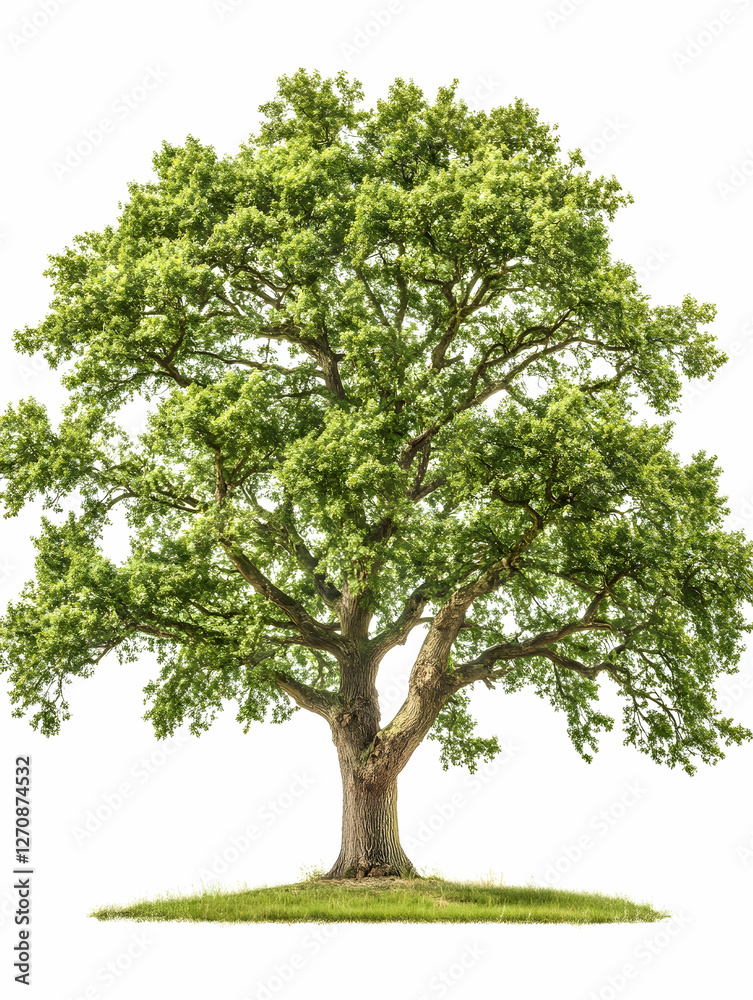 Majestic oak tree stands in a grassy field, sunny day, symbolizing strength Majestic oak tree stands in a grassy field, sunny day, symbolizing strength