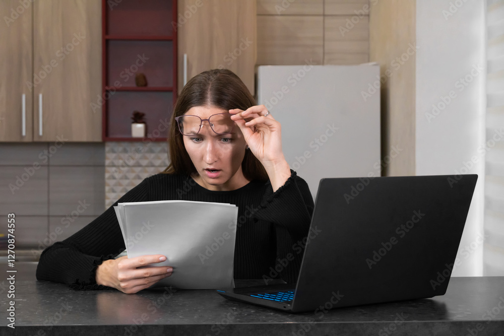 Stunned woman working from home, raising her glasses while reading documents, displaying a shocked expression as she processes unexpected financial news and bills