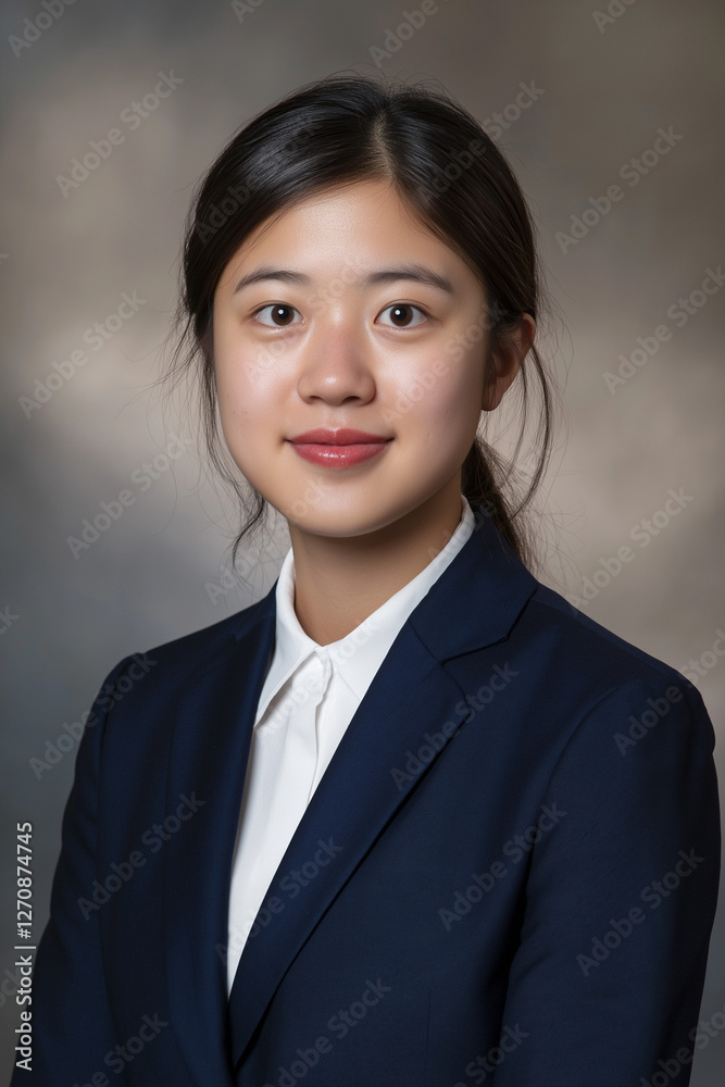 Portrait of a young Asian woman in a navy blue suit. Portrait of a young Asian woman in a navy blue suit.