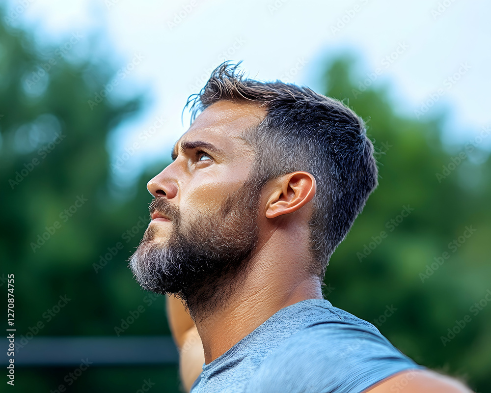 Man gazing upwards outdoors with blurred trees, for inspiration, hope, ambition Man gazing upwards outdoors with blurred trees, for inspiration, hope, ambition