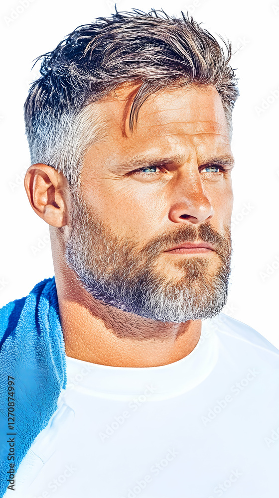 Obraz premium Man looking pensive against white, towel over shoulder, for advertising use