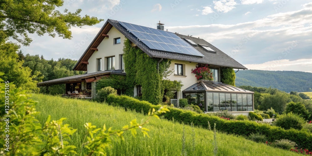 Eco-Friendly Modern House with Double Exposure: Solar Energy, Geothermal Power, Sustainable Living, Green Architecture, Renewable Resources, and Nature Integration Eco-Friendly Modern House with Double Exposure: Solar Energy, Geothermal Power, Sustainable Living, Green Architecture, Renewable Resources, and Nature Integration