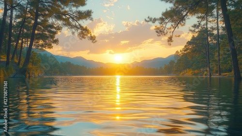 Fototapeta Naklejka Na Ścianę i Meble -  Serene sunset over tranquil lake with pine trees