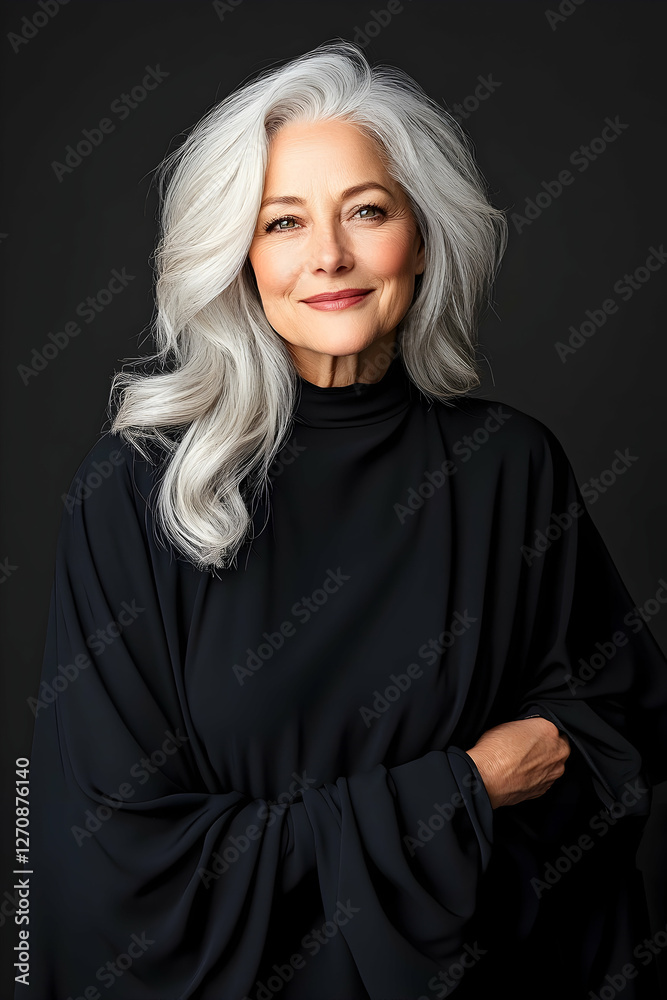 Fototapeta premium Mature woman portrait with grey hair, against black backdrop, beauty, fashion
