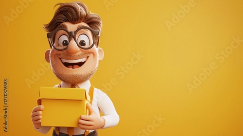 Man holding yellow envelope with 3d cartoon tax box on yellow background