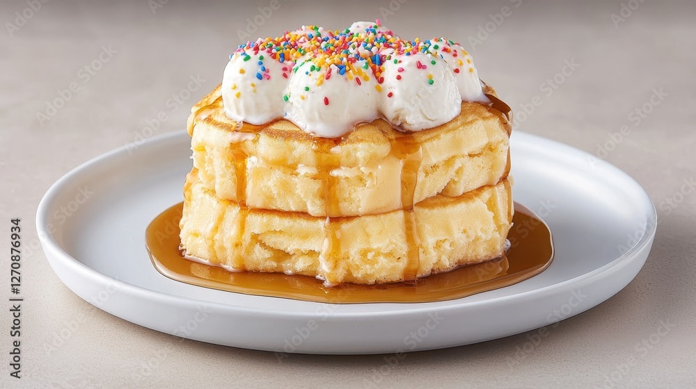 Delicious Stack of Fluffy Pancakes Topped with Sprinkles and Cream Drizzled with Syrup on a Plate Delicious Stack of Fluffy Pancakes Topped with Sprinkles and Cream Drizzled with Syrup on a Plate