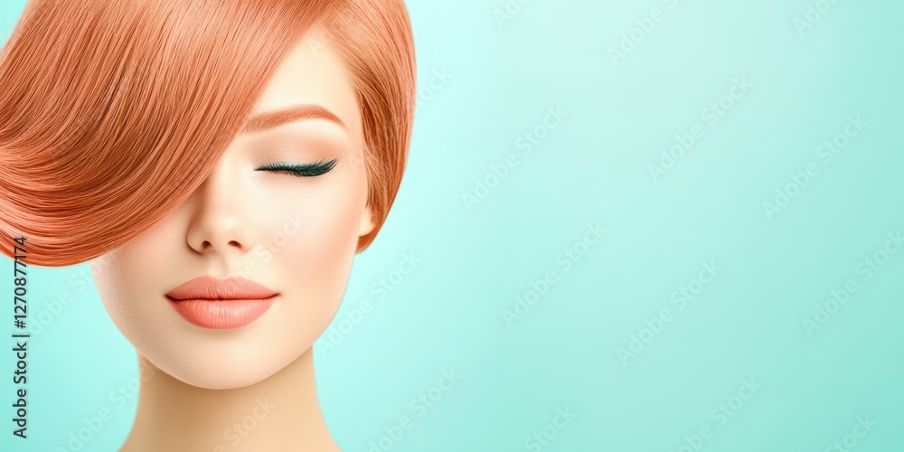 Obraz premium Elegant Model with Soft Coral Hair and Closed Eyes on Light Background