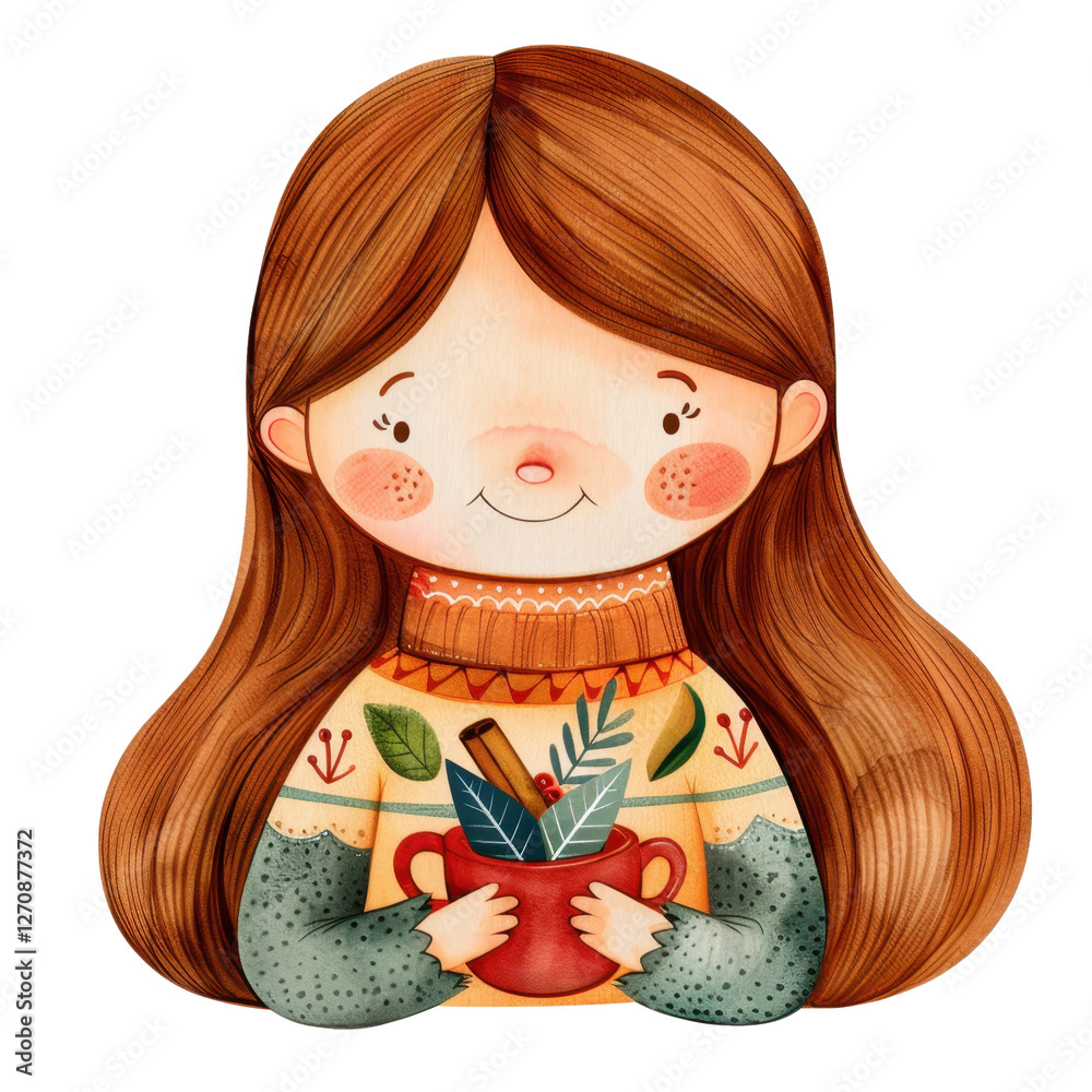Cheerful girl wearing a cozy sweater, holding a pot with plants. Ideal for nature-themed illustrations. Cheerful girl wearing a cozy sweater, holding a pot with plants. Ideal for nature-themed illustrations.