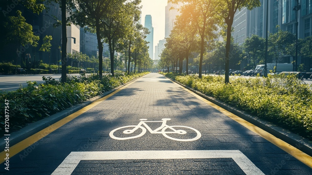 Obraz premium Urban Bike Path Surrounded by Trees and Tall City Buildings