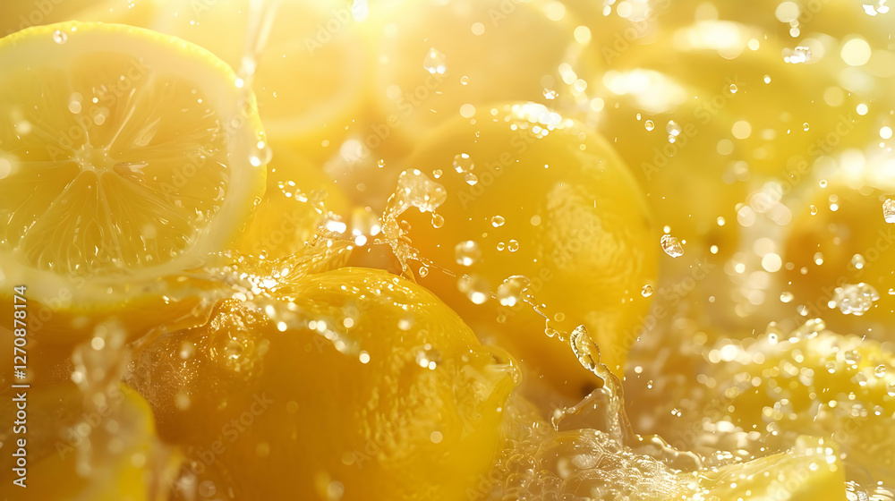 Fresh lemons splashing in water, creating a vibrant scene with sunlight illuminating droplets Fresh lemons splashing in water, creating a vibrant scene with sunlight illuminating droplets
