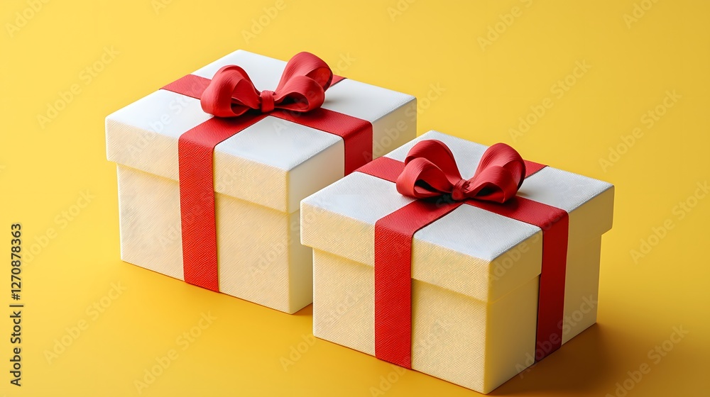 Fototapeta premium Two white gift boxes with red bows on a yellow background tied with red knots in 3d design