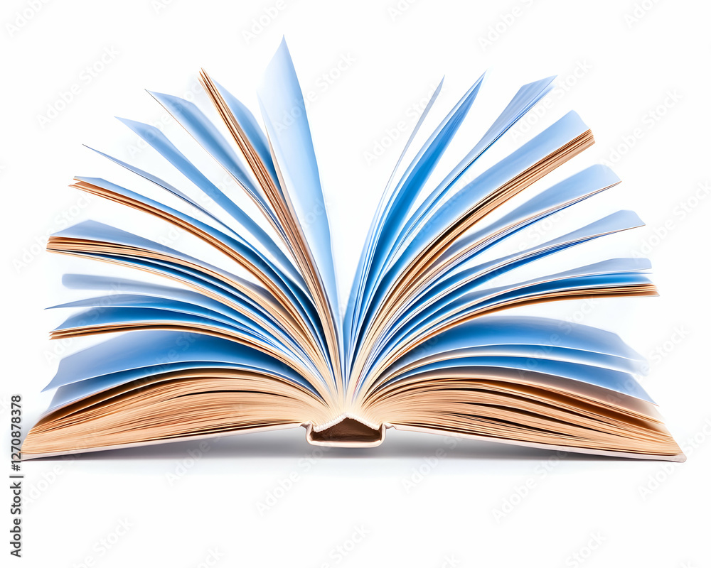 Fototapeta premium Open book with blank pages on a white background, ideal for education or reading
