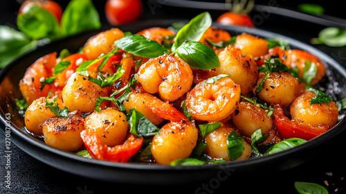 Pan-fried gnocchi with shrimp in tomato sauce topped with basil on a black plate