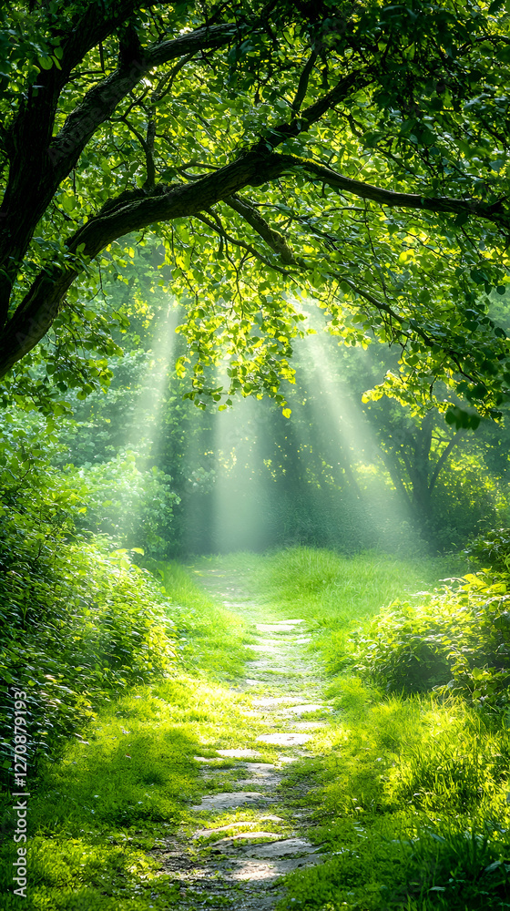 Obraz premium Pathway through sunlit green forest. Nature scenery for walks and relaxation