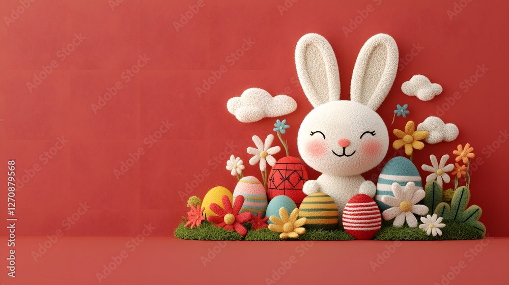Fototapeta premium Stuffed rabbit sitting in a colorful field of flowers with easter eggs around it