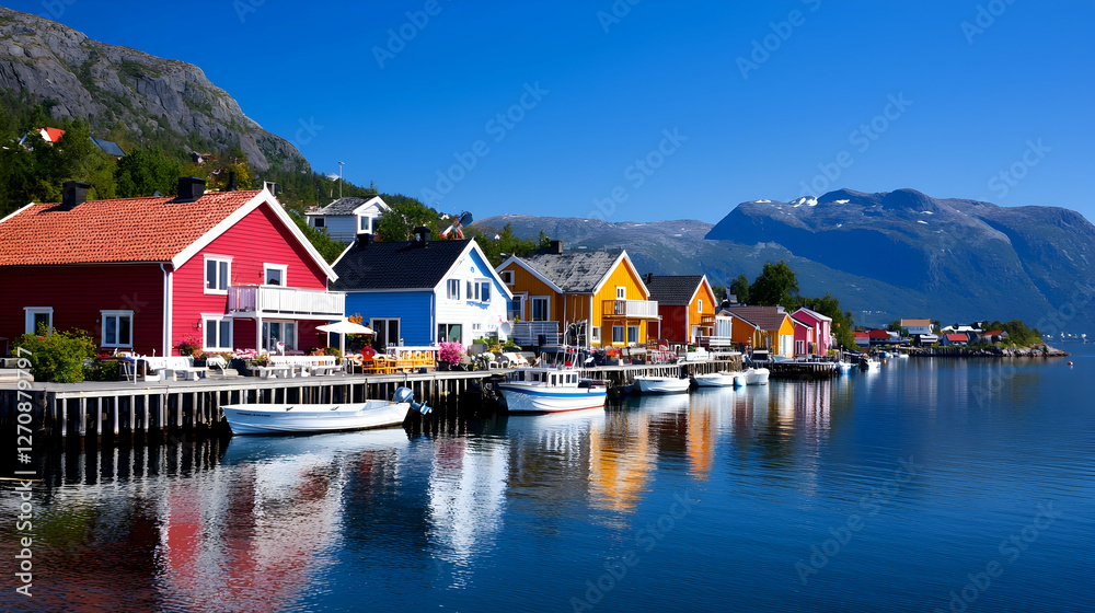 Fototapeta premium Colorful Houses On A Picturesque Norwegian Fjord