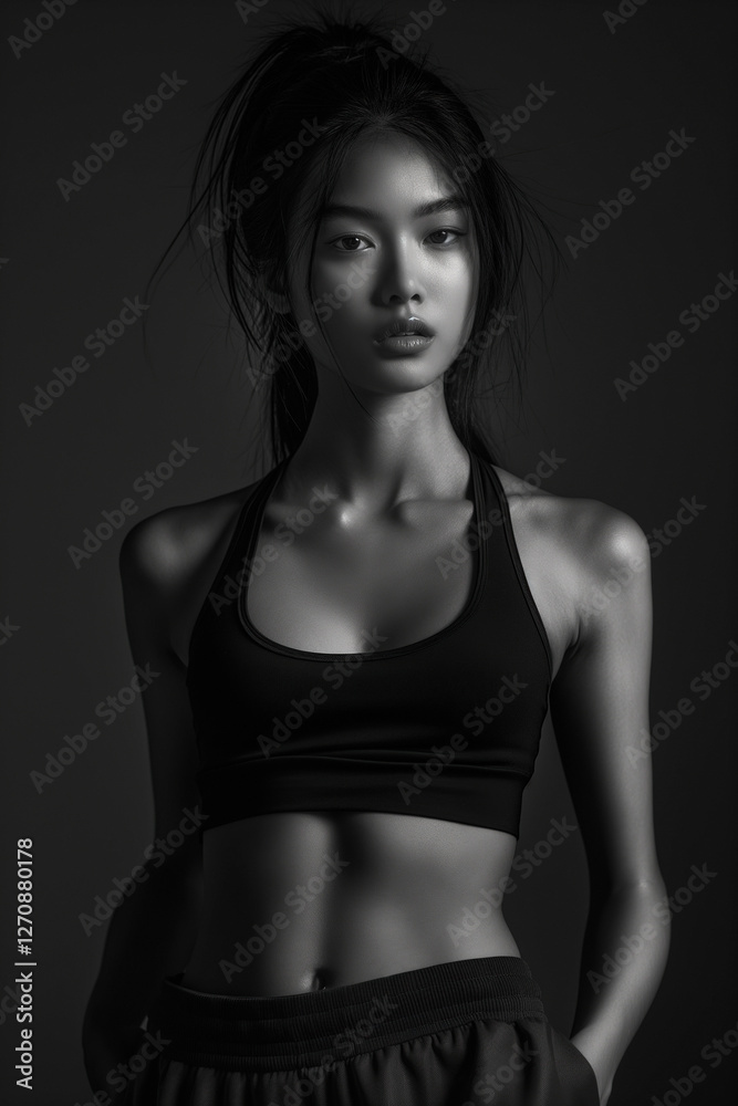 A dramatic black and white portrait of an Asian woman in sportswear, highlighting her athletic physique and serious expression. A dramatic black and white portrait of an Asian woman in sportswear, highlighting her athletic physique and serious expression.