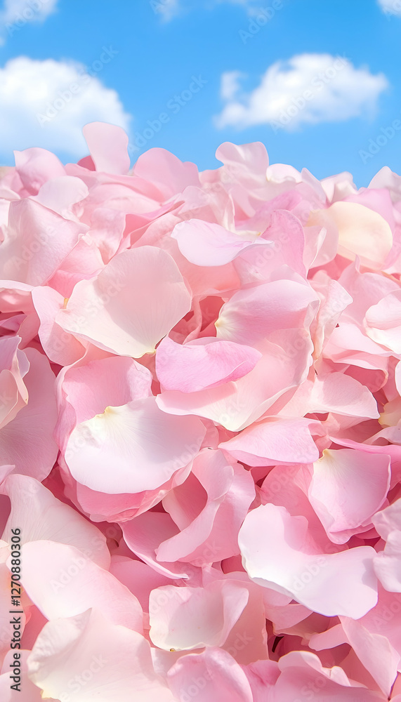 Fototapeta premium Pink rose petals background, closeup of pile, sky background for event or wedding