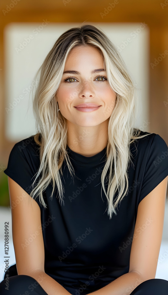 Fototapeta premium Portrait of a smiling woman at home, in a bright, clean room, for wellness