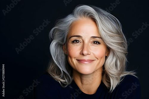 Portrait of a mature woman, with silver hair, smiling, against dark background