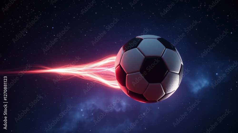 Fototapeta premium Motion of a soccer ball soaring through a cosmic background with vibrant energy trails