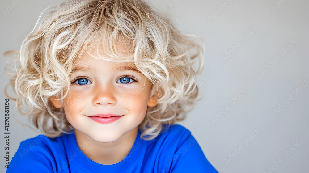 Portrait of cute boy with blond curly hair in front of gray wall, for advertising Portrait of cute boy with blond curly hair in front of gray wall, for advertising