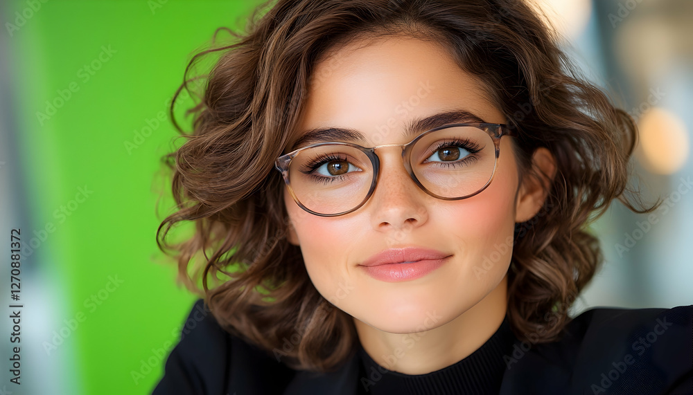 Obraz premium Portrait of smiling, young woman with curly hair looking at camera indoor space