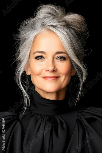 Portrait Smiling woman with silver hair, neutral background. For senior care ad