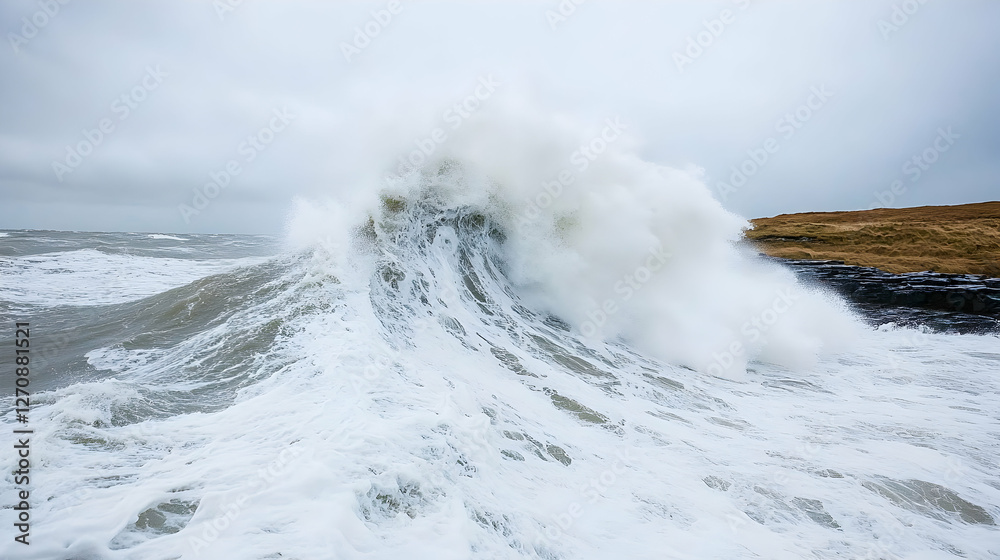 Obraz premium Powerful waves crash against rugged cliffs on a cloudy day, conveying raw nature