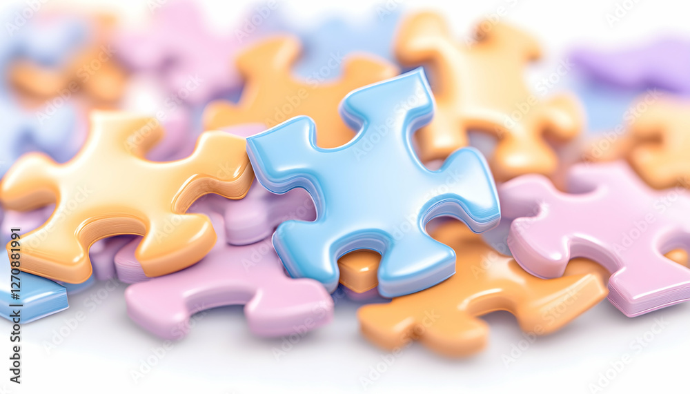 Fototapeta premium Puzzle pieces, variety of pastel colors close up, scattered on surface
