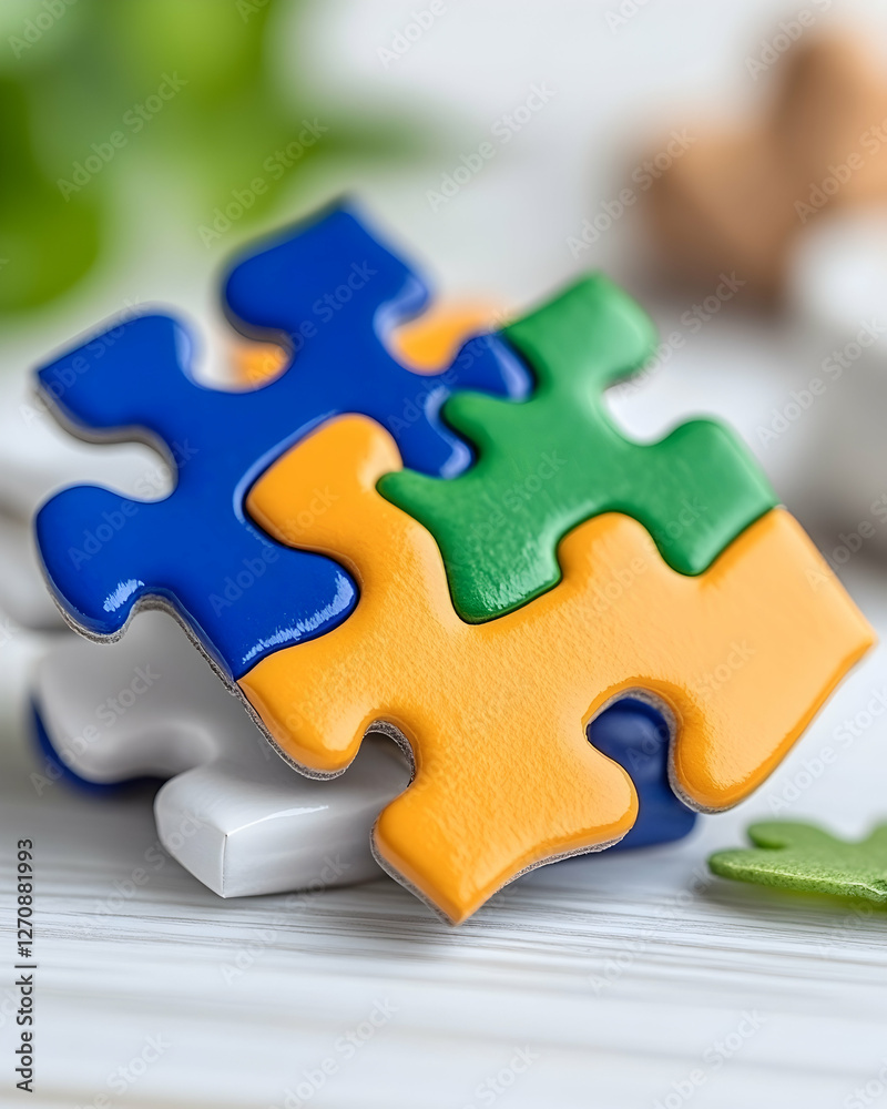 Fototapeta premium Puzzle pieces connected on wooden surface; depicting teamwork, or problem solving