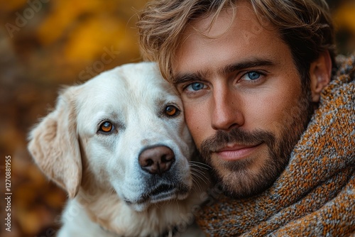 A joyful man and his labrador playing in an autumn forest