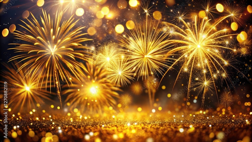 Fototapeta premium Golden Star Burst Fireworks Bokeh Photography - Night Sky Celebration Images