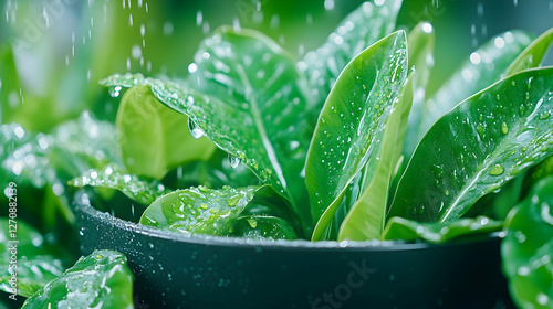 Rain falling on green lush plants growing in a pot, against a blurred greenery photo